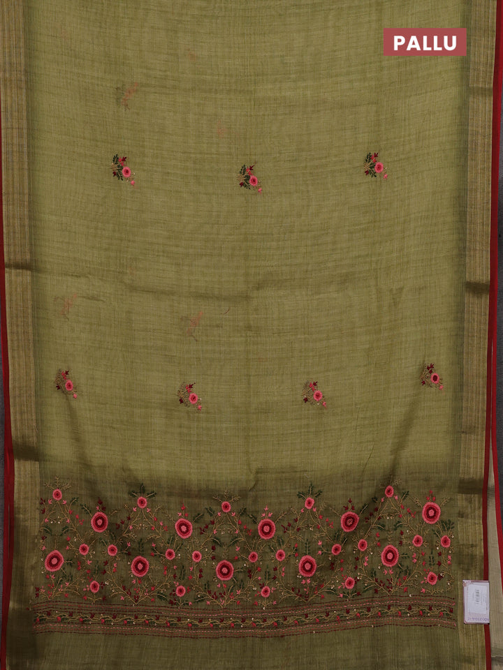 Mehendi Green & Red Linen Saree - Embroidery