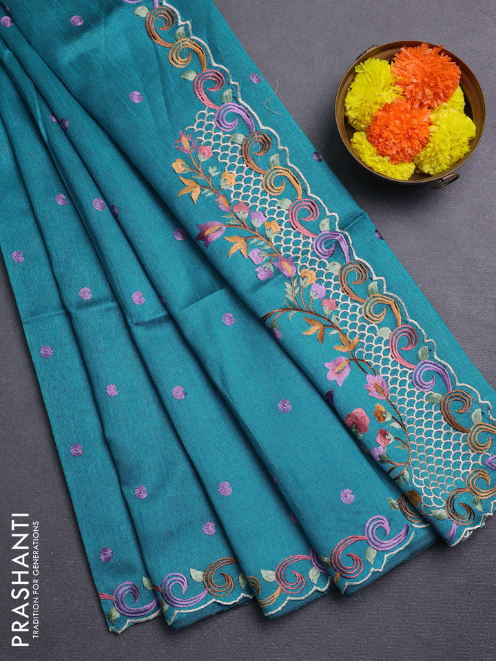 Teal Blue Semi Dupion Saree - Embroidery