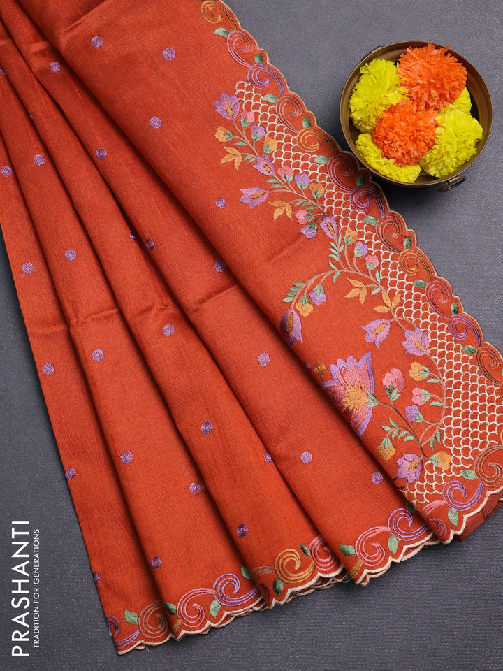 Rust Semi Dupion Saree - Embroidery