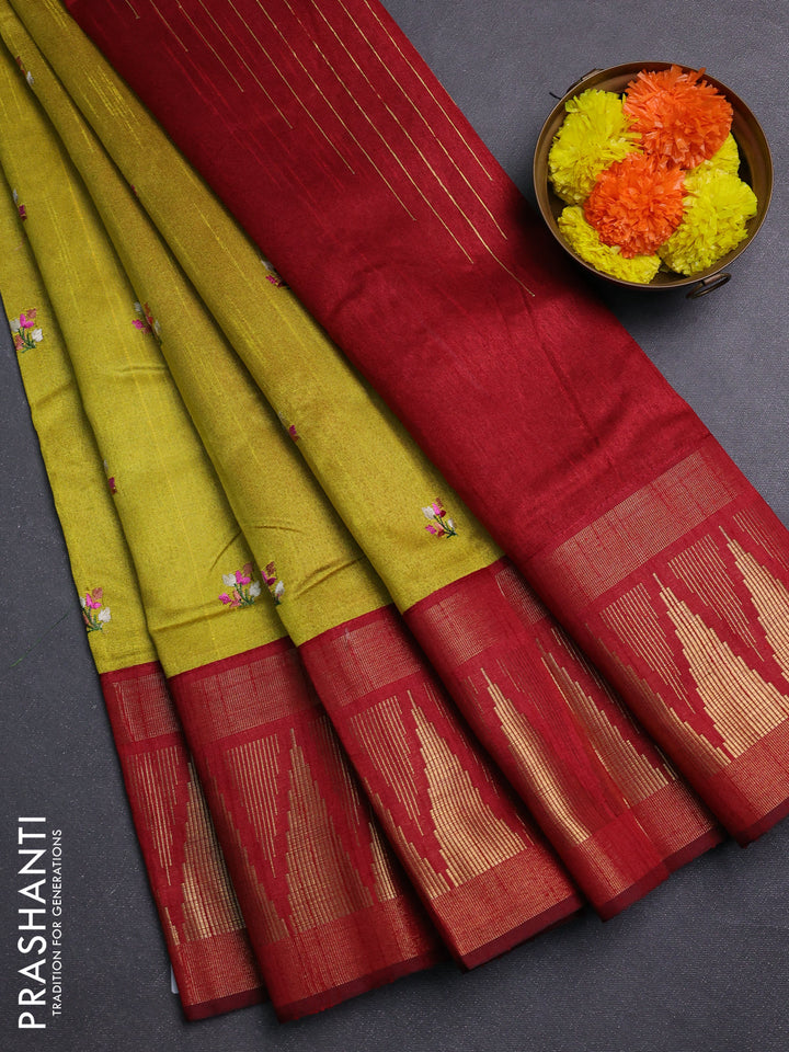 Lime Yellow & Red Semi Dupion Saree - Embroidery