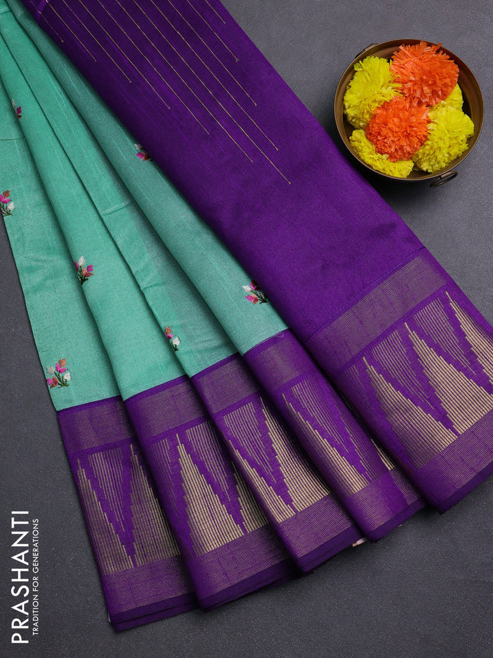 Teal Green & Violet Semi Dupion Saree - Embroidery