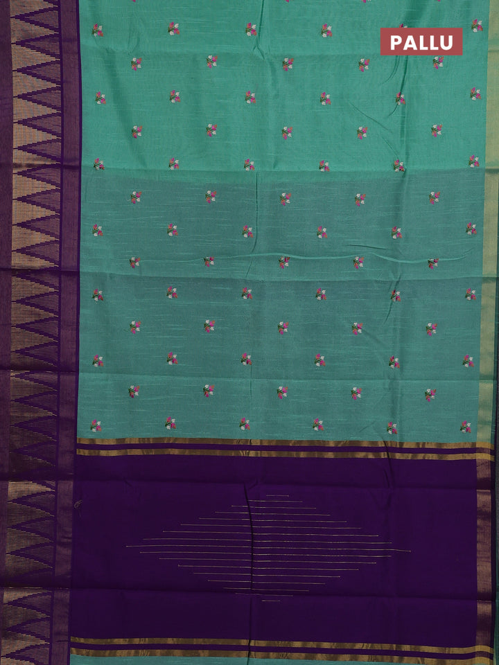 Teal Green & Violet Semi Dupion Saree - Embroidery