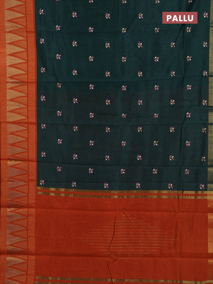Bottle Green & Orange Semi Dupion Saree - Embroidery