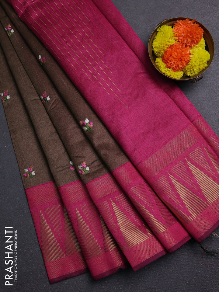 Brown & Pink Semi Dupion Saree - Embroidery