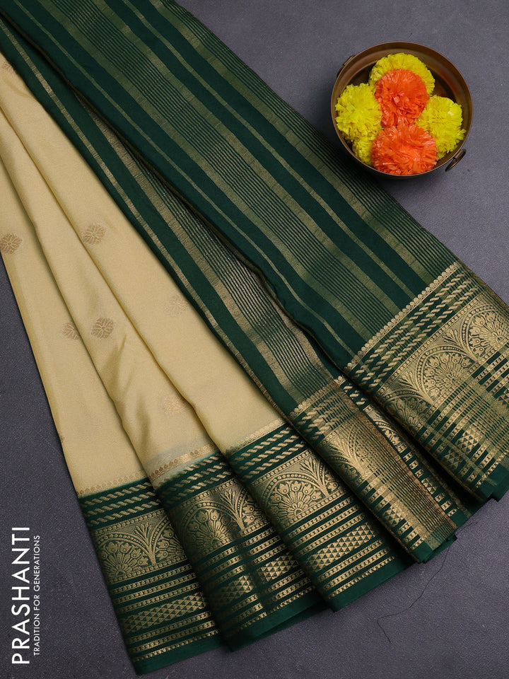 Beige & Green Semi Mysore Silk Saree
