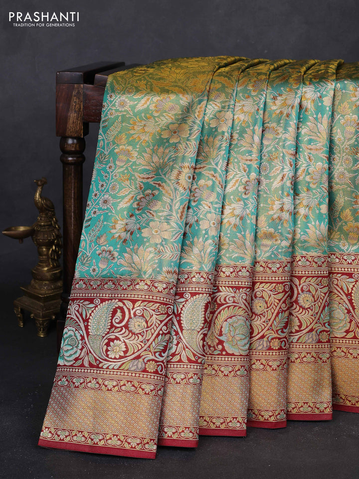 Teal Blue & Maroon Pure Kanchipuram Tissue Silk - Mina Border