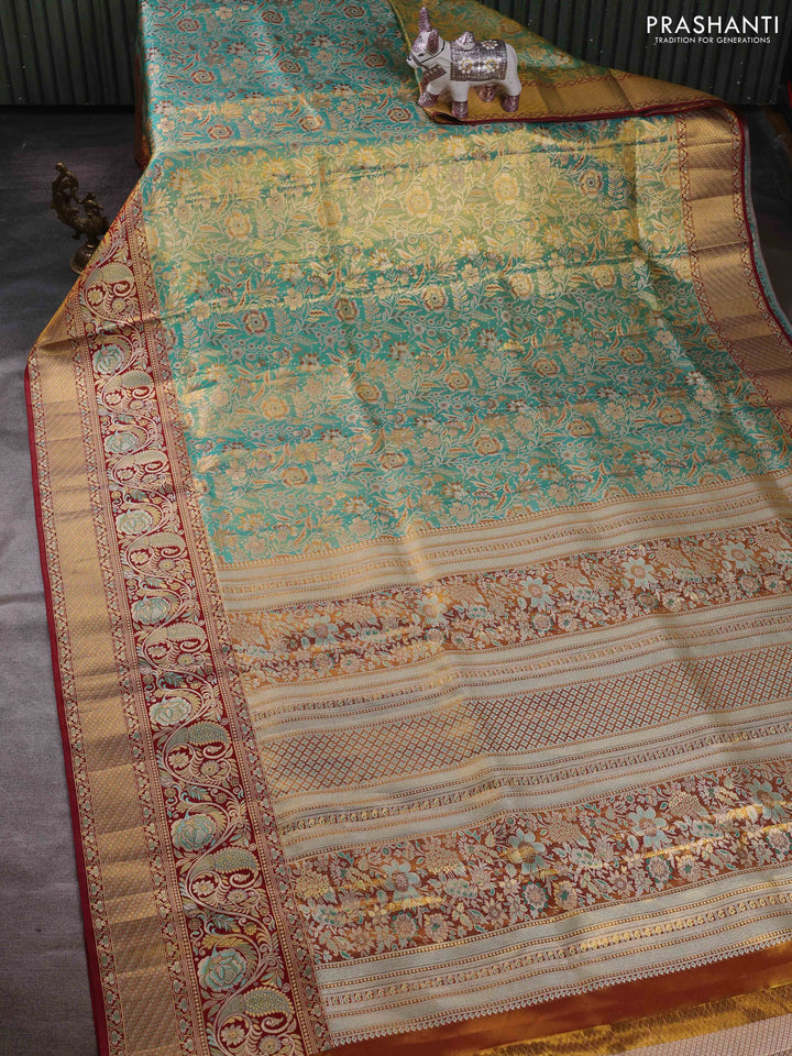 Teal Blue & Maroon Pure Kanchipuram Tissue Silk - Mina Border