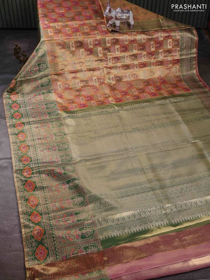 Rust & Green Pure Kanchipuram Tissue Silk - Mina Border