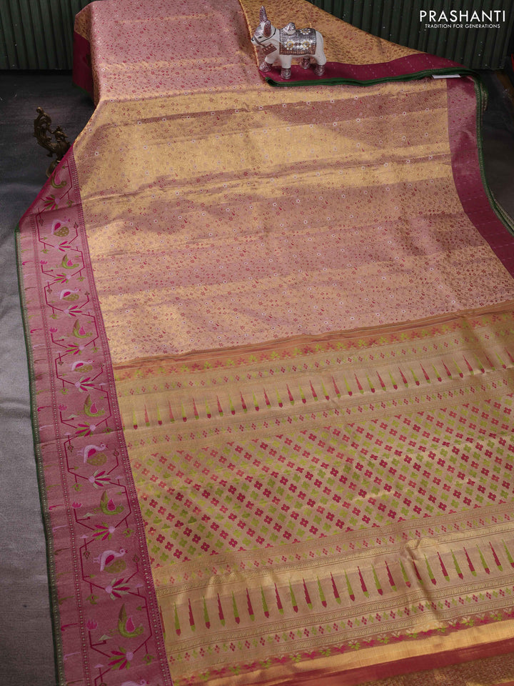 Peach & Magenta Pink Pure Kanchipuram Tissue Silk - Mina Border