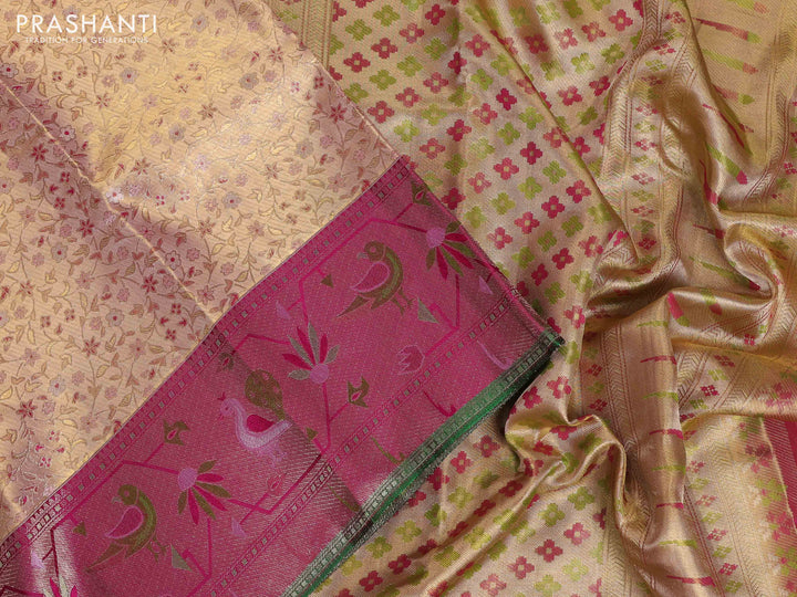 Peach & Magenta Pink Pure Kanchipuram Tissue Silk - Mina Border