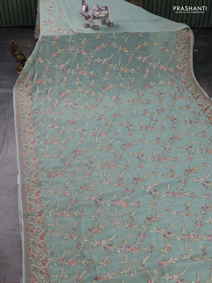 Pastel Green Georgette Saree - Embroidery