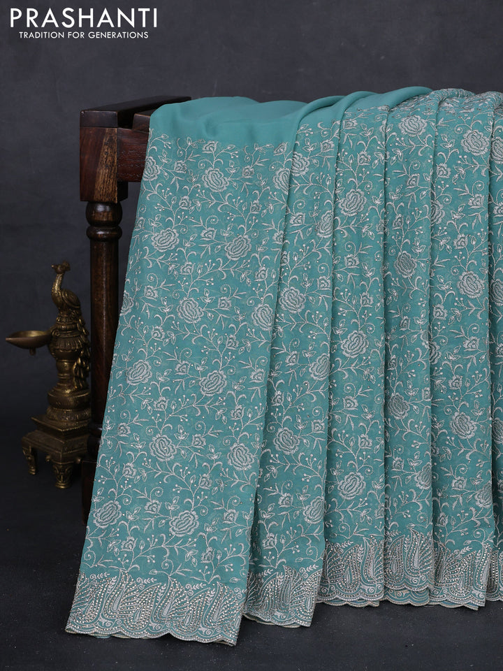 Teal Georgette Saree - Embroidery