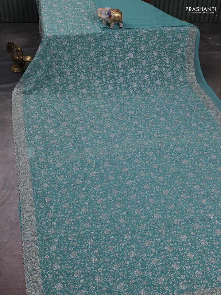 Teal Georgette Saree - Embroidery