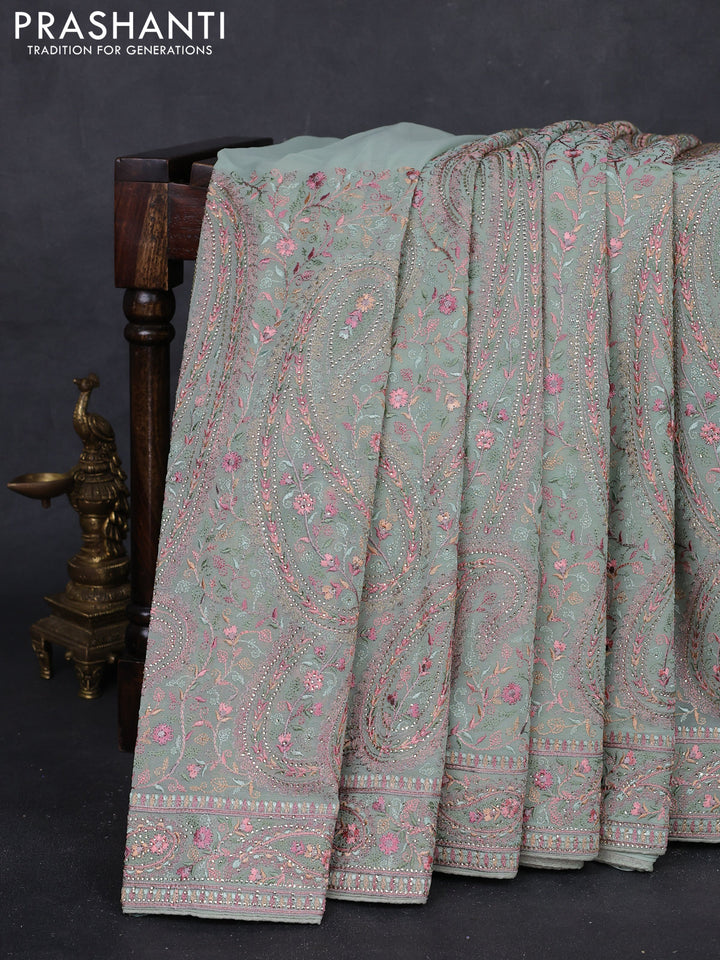 Pastel Green Georgette Saree - Embroidery