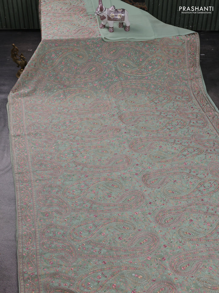 Pastel Green Georgette Saree - Embroidery