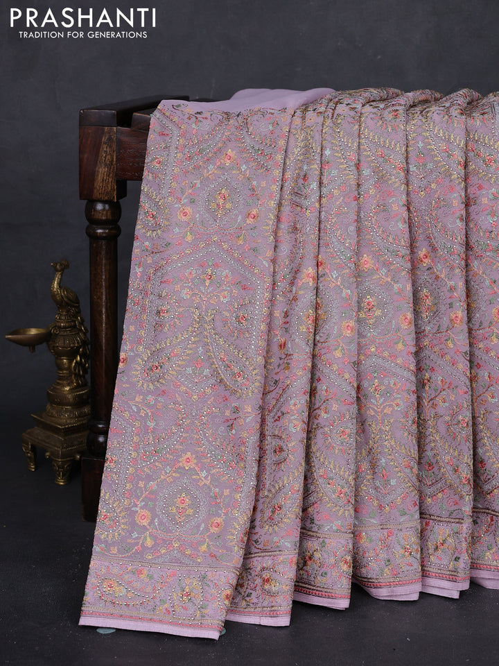 Pastel Pink Georgette Saree - Embroidery
