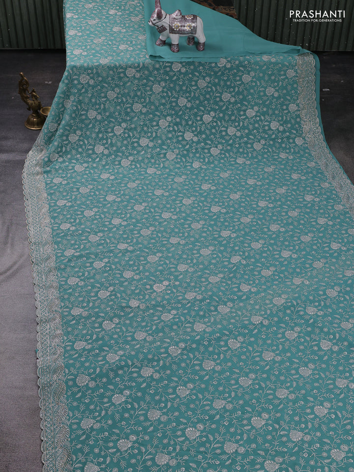 Teal Green Georgette Saree - Embroidery