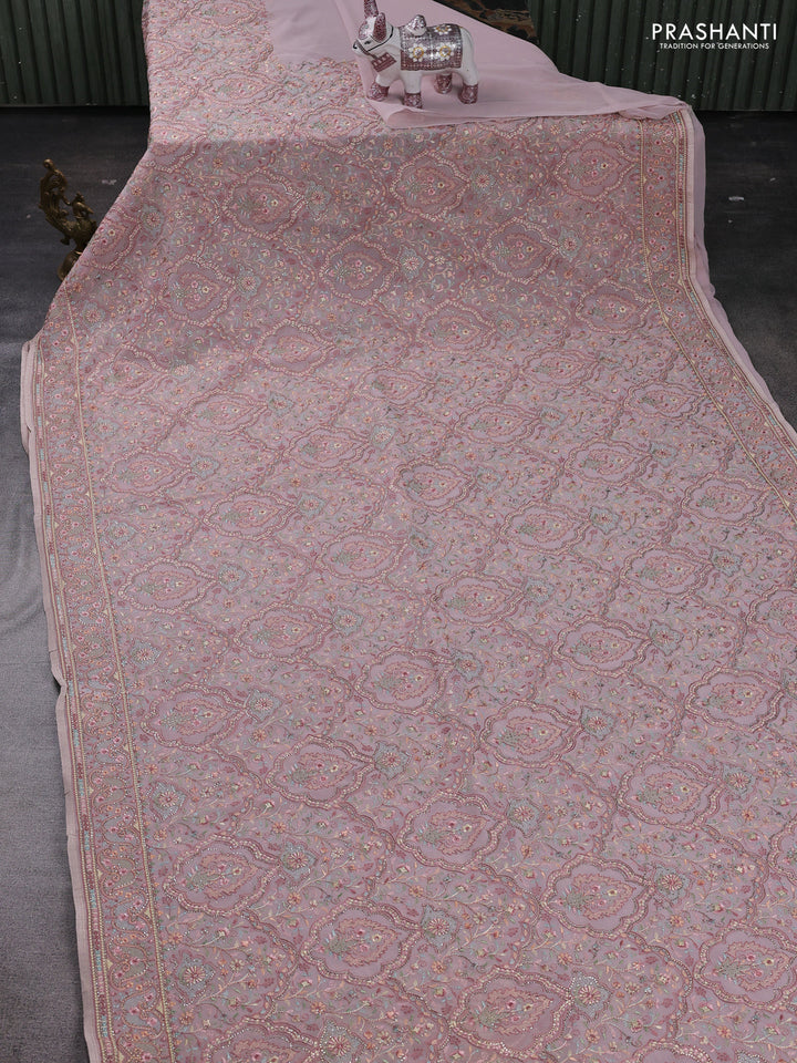 Pastel Pink Georgette Saree - Embroidery
