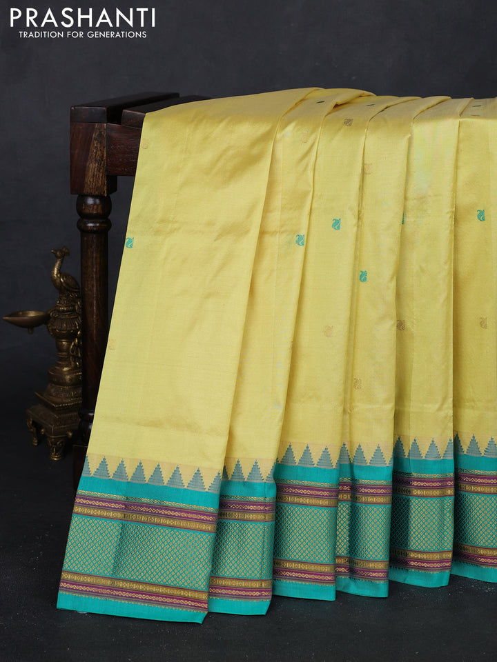 Lime Yellow & Teal Green Narayanpet Silk Saree