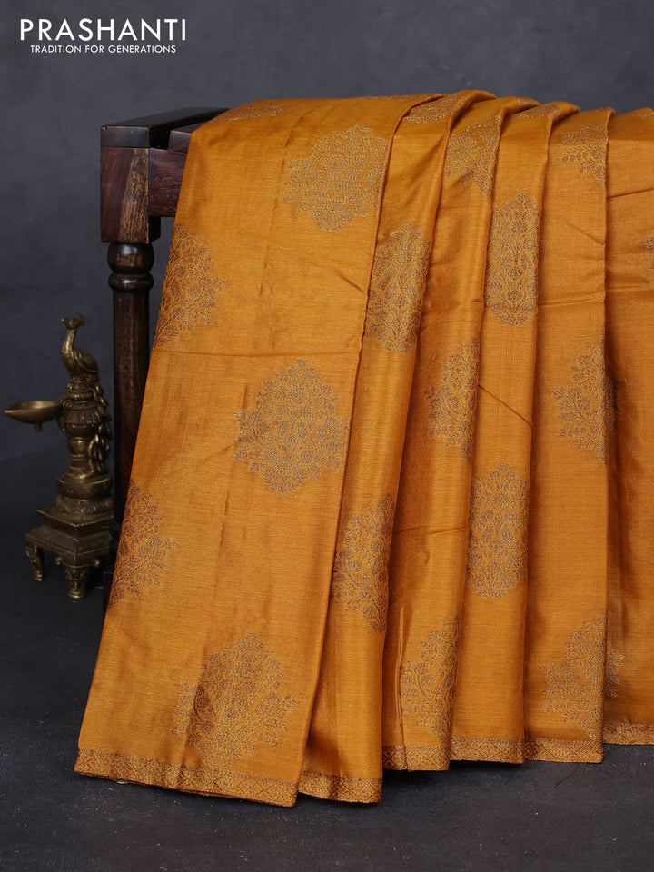Mustard Yellow & Maroon Banarasi Tussar Silk Saree