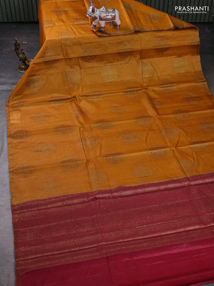 Mustard Yellow & Maroon Banarasi Tussar Silk Saree