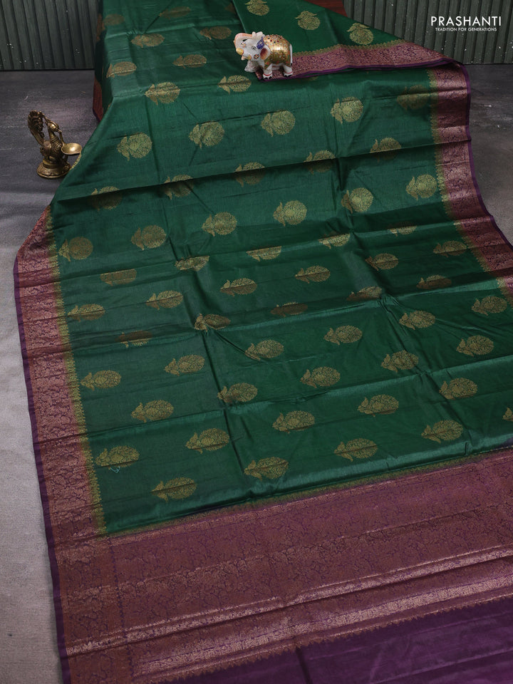 Bottle Green & Purple Banarasi Tussar Silk Saree