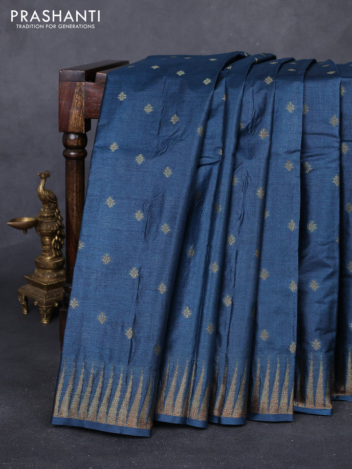 Peacock Blue & Pink Banarasi Tussar Silk Saree