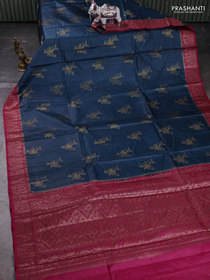 Peacock Blue & Magenta Pink Banarasi Tussar Silk Saree