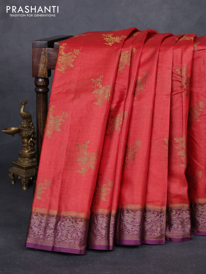 Rustic Orange & Purple Banarasi Tussar Silk Saree