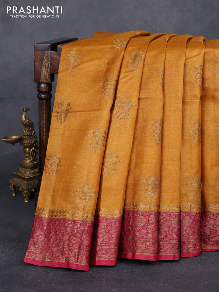 Mustard & Maroon Banarasi Tussar Silk Saree