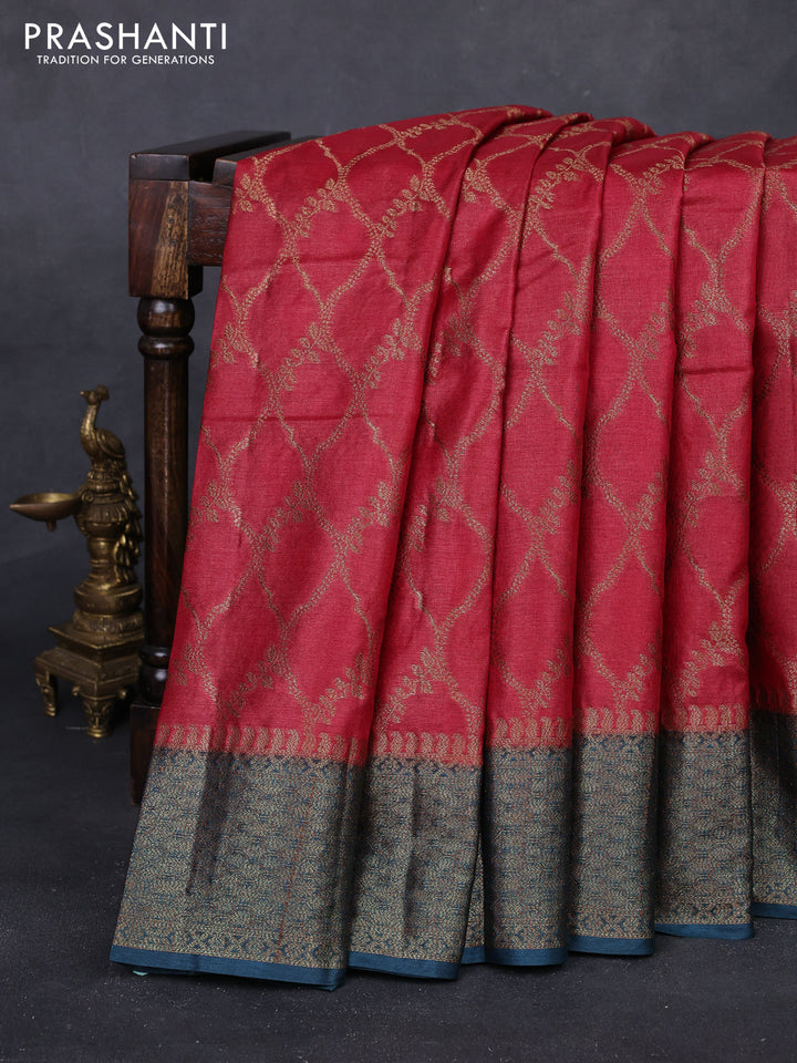 Maroon & Peacock Green Banarasi Tussar Silk Saree
