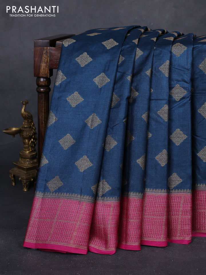 Peacock Blue & Pink Banarasi Tussar Silk Saree
