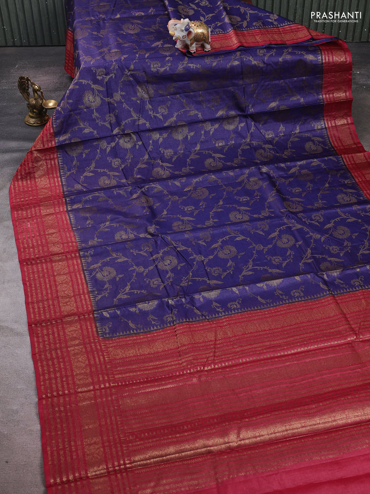 Blue & Red Banarasi Tussar Silk Saree