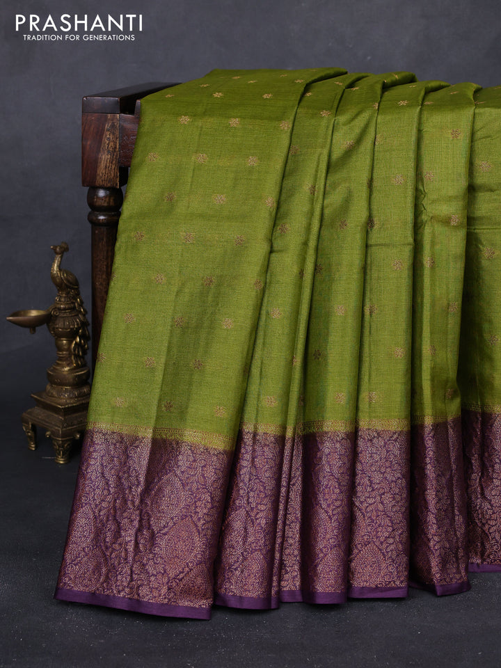 Mehendi Green & Purple Banarasi Tussar Silk Saree