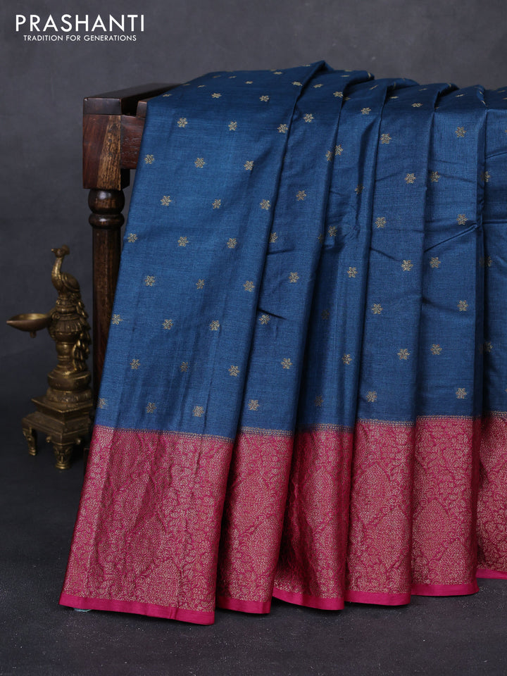 Peacock Blue & Pink Banarasi Tussar Silk Saree