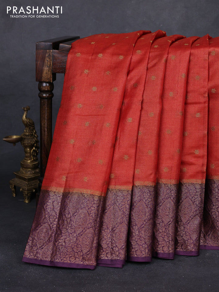 Rustic Orange & Wine Banarasi Tussar Silk Saree