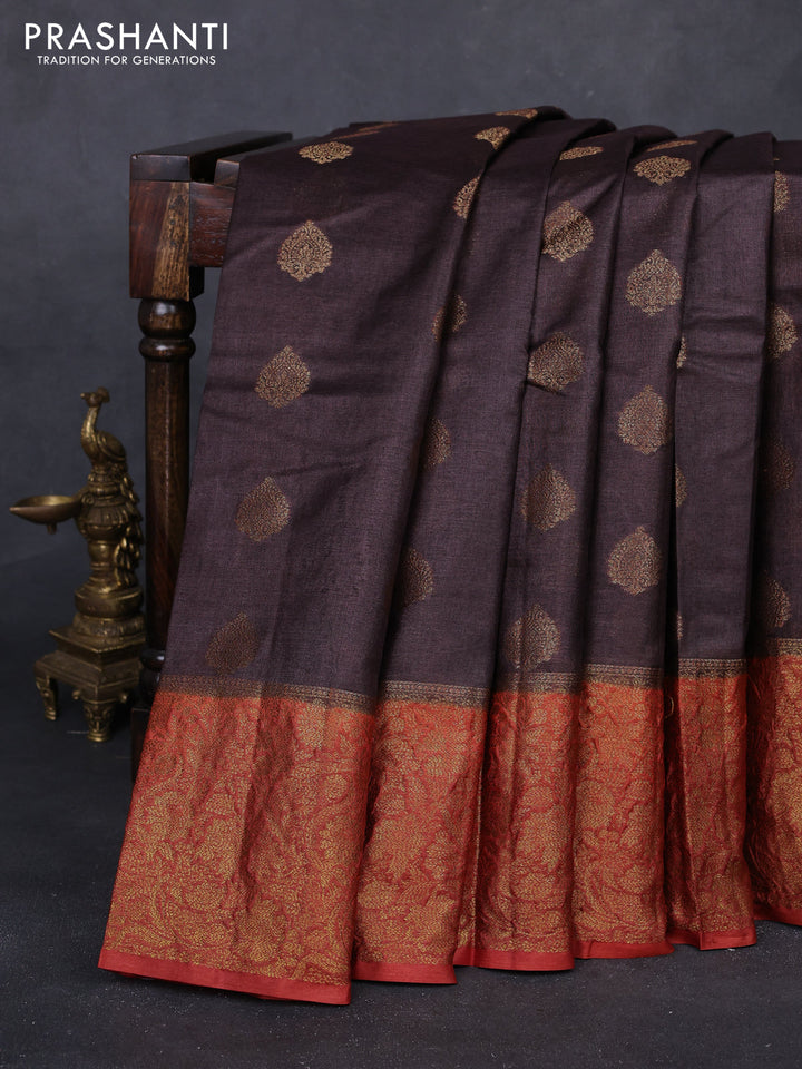 Coffee Brown & Rust Banarasi Tussar Silk Saree