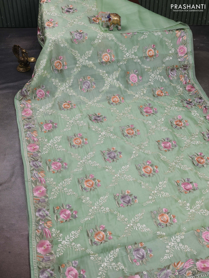 Pista Green Pure Organza Silk - Embroidery