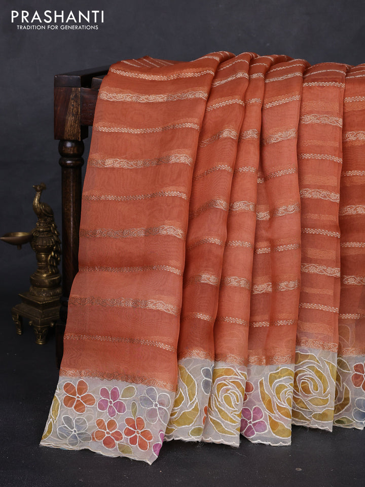 Rust & Beige Pure Organza Silk - Embroidery