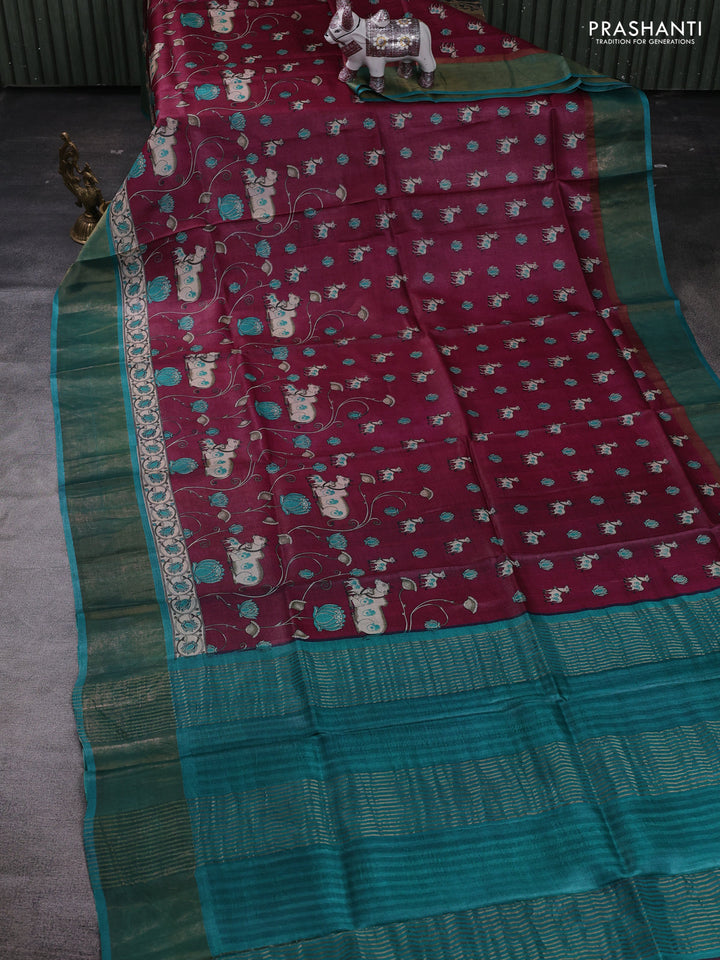 Wine & Teal Blue Pure Tussar Saree - Pichwai Prints