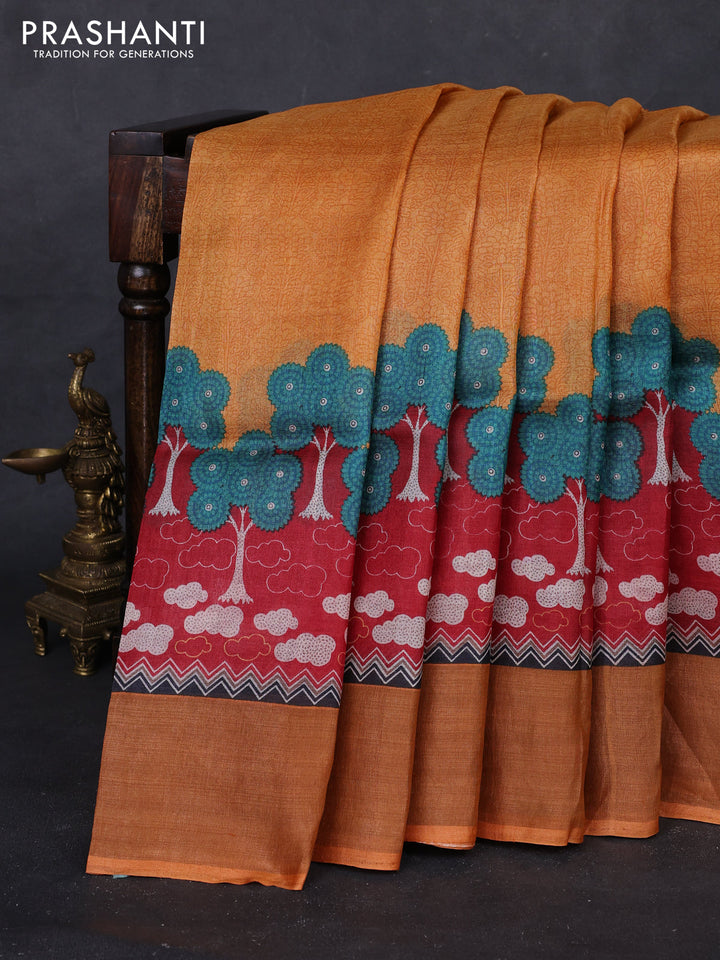 Orange & Red Pure Tussar Saree - Prints