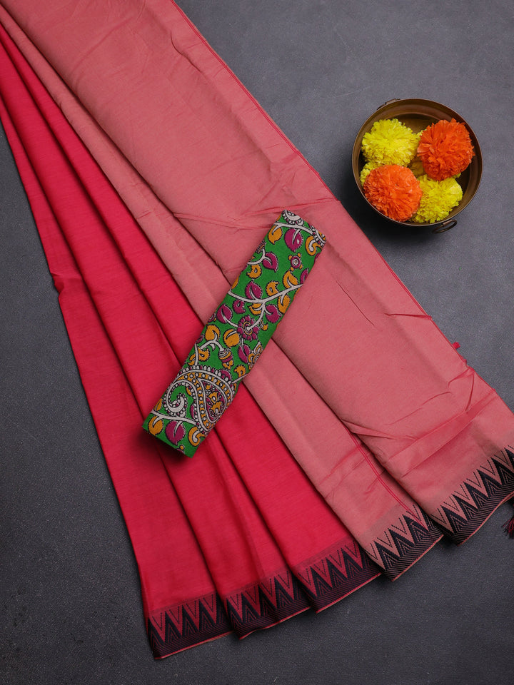 Peach Pink & Green Narayanpet Cotton - Kalamkari Blouse