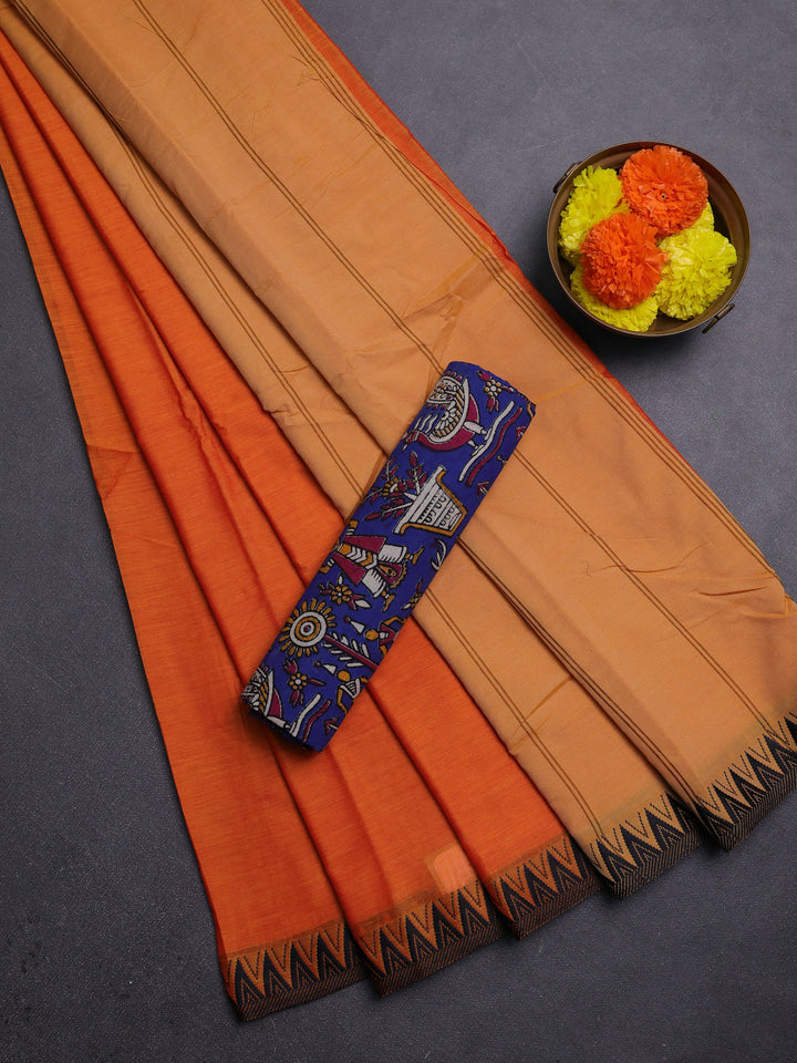 Sunset Orange & Royal Blue Narayanpet Cotton - Kalamkari Blouse