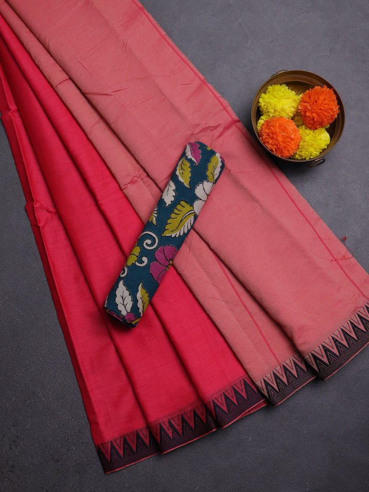 Peach Pink & Peacock Green Narayanpet Cotton - Kalamkari Blouse