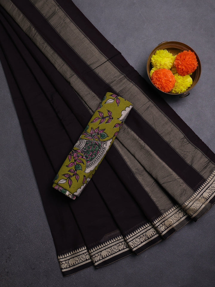 Coffee Brown & Mehendi Green Narayanpet Cotton - Kalamkari Blouse