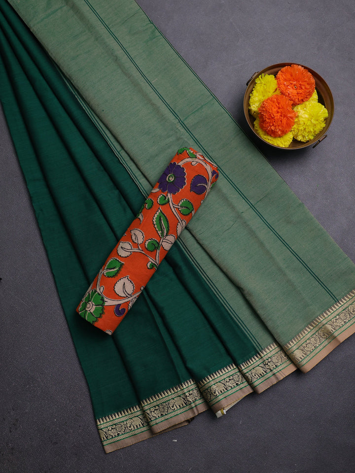 Green & Orange Narayanpet Cotton - Kalamkari Blouse