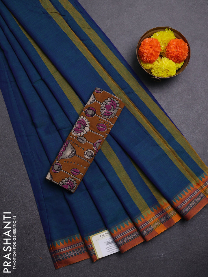 Peacock Blue & Brown Narayanpet Cotton - Kalamkari Blouse