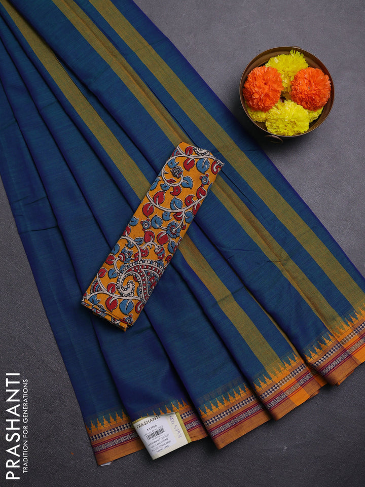 Peacock Blue & Mustard Yellow Narayanpet Cotton - Kalamkari Blouse