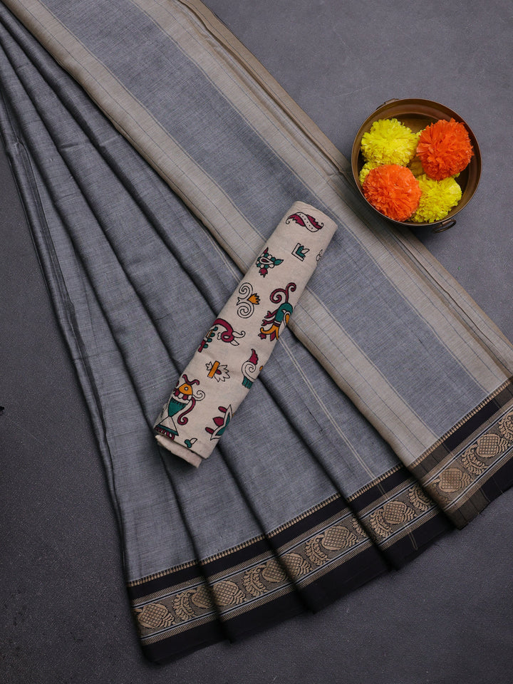 Grey & Beige Narayanpet Cotton - Kalamkari Blouse