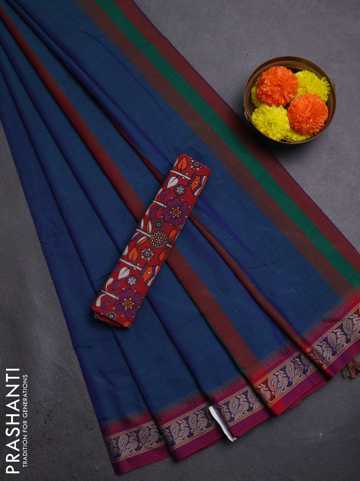 Peacock Blue & Red Narayanpet Cotton - Kalamkari Blouse